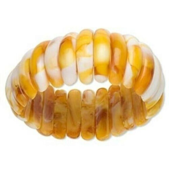 Chunky Rich Honey and White Faux Amber Oval Link Resin Beads Stretch Bracelet - Picture 1 of 1